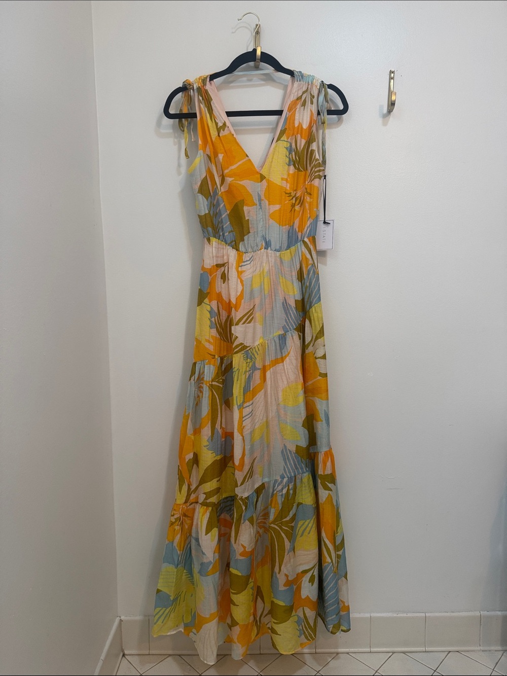 1. State Yellow & Blue Floral Tie-Shoulder Maxi Dress